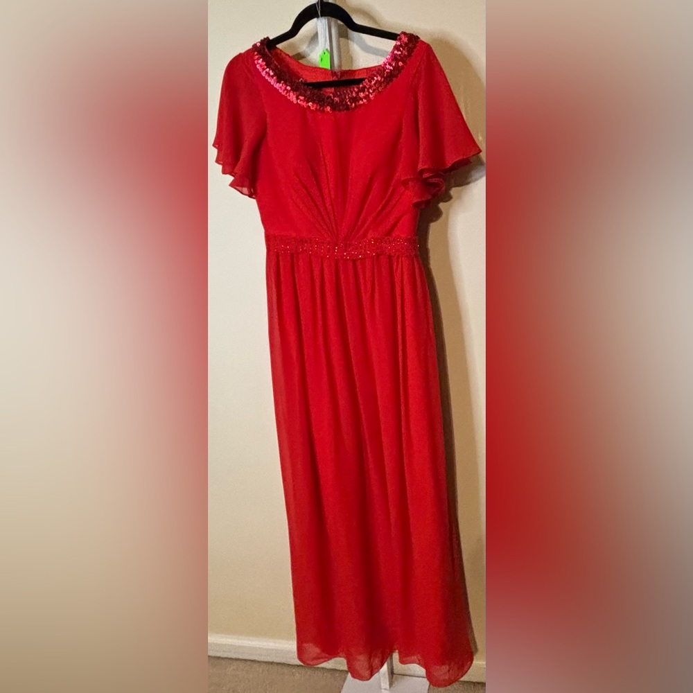 Elegant Red Sparkly Embellished Maxi Dress-Measures to fit size 8-10